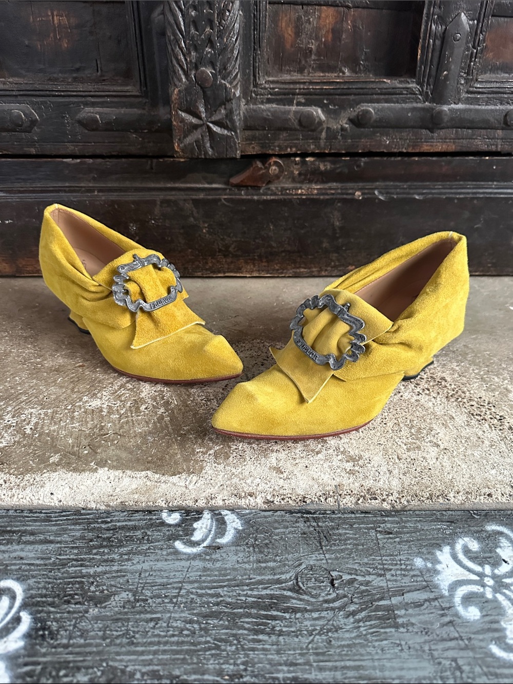 Fluevog Juliette Suede Pointed Toe Heels with Decorative Buckle.